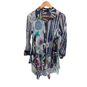 Funsport Button Front Tunic Top Womens M Blue Whimsical‎ Floral Vintage 80s
